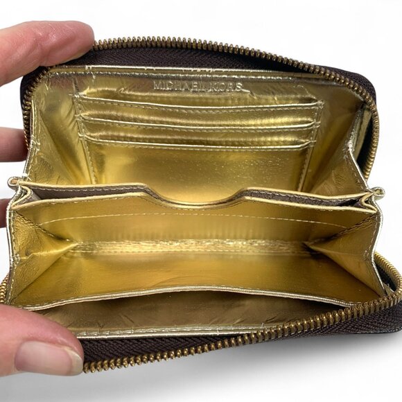 Michael Kors Small Monogram Zip Around Wallet Brown Leather Gold Logo Plate - Picture 5 of 8